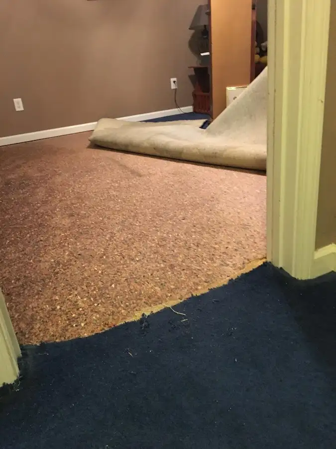 Carpet pad removal revealing water damage during Drying & Dehumidification in Wasilla